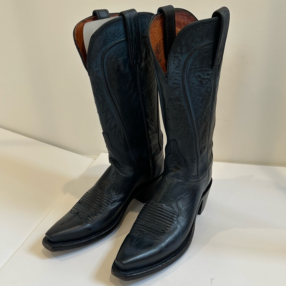 LUCCHESE X BRANDON MAXWELL COWBOY BOOTS - NAVY WITH SOME WEATHERING DETAIL